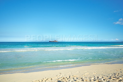 Buy stock photo Beach, coast or space with sand, blue sky or paradise for vacation or island environment to relax. Brazil, mockup or people swimming in water, sea and ocean in Rio de Janeiro for travel destination