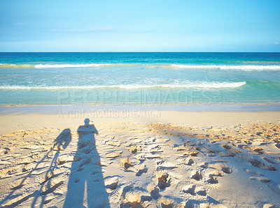 Buy stock photo Person, view and ocean with shadow on sand for vacation and environment to relax in Brazil. Adventure, explore and landscape of island, sea and beach in Rio de Janeiro destination for outdoor travel