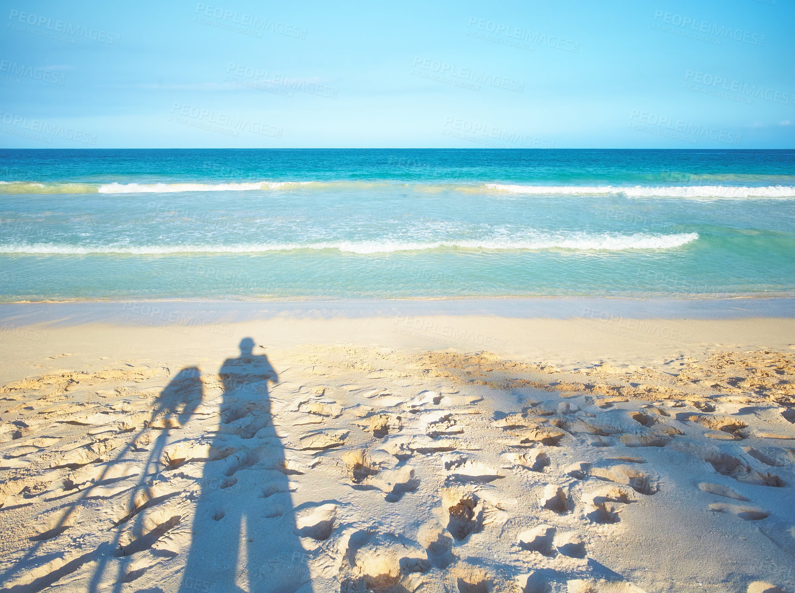 Buy stock photo Person, view and ocean with shadow on sand for vacation and environment to relax in Brazil. Adventure, explore and landscape of island, sea and beach in Rio de Janeiro destination for outdoor travel