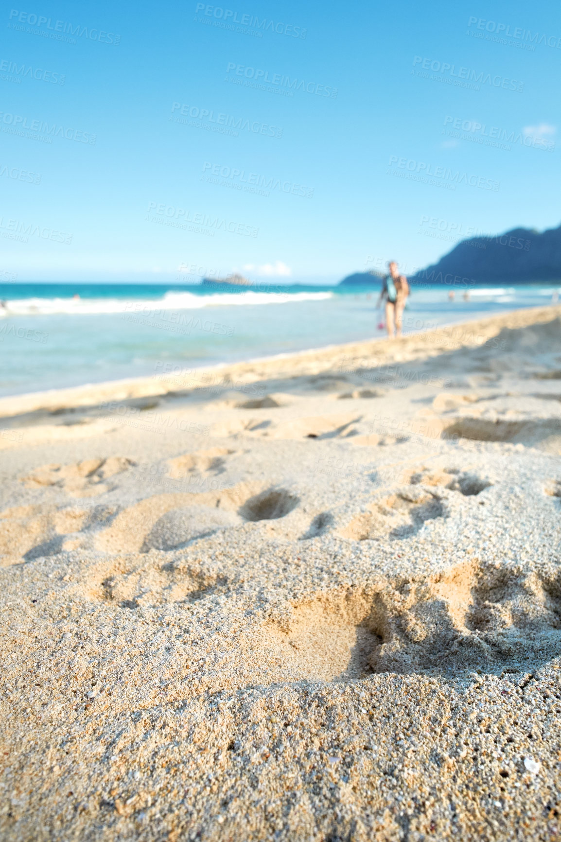 Buy stock photo Beach, coast or footsteps with sand, blue sky or paradise for vacation or environment to relax. Brazil, person blur or nature view of closeup, sea and ocean in Rio de Janeiro for travel destination