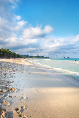 Buy stock photo Beach, holiday or island with sand, coast or paradise for vacation or natural environment to relax. Brazil, clouds or people swimming in water, sea and ocean in Rio de Janeiro for travel destination