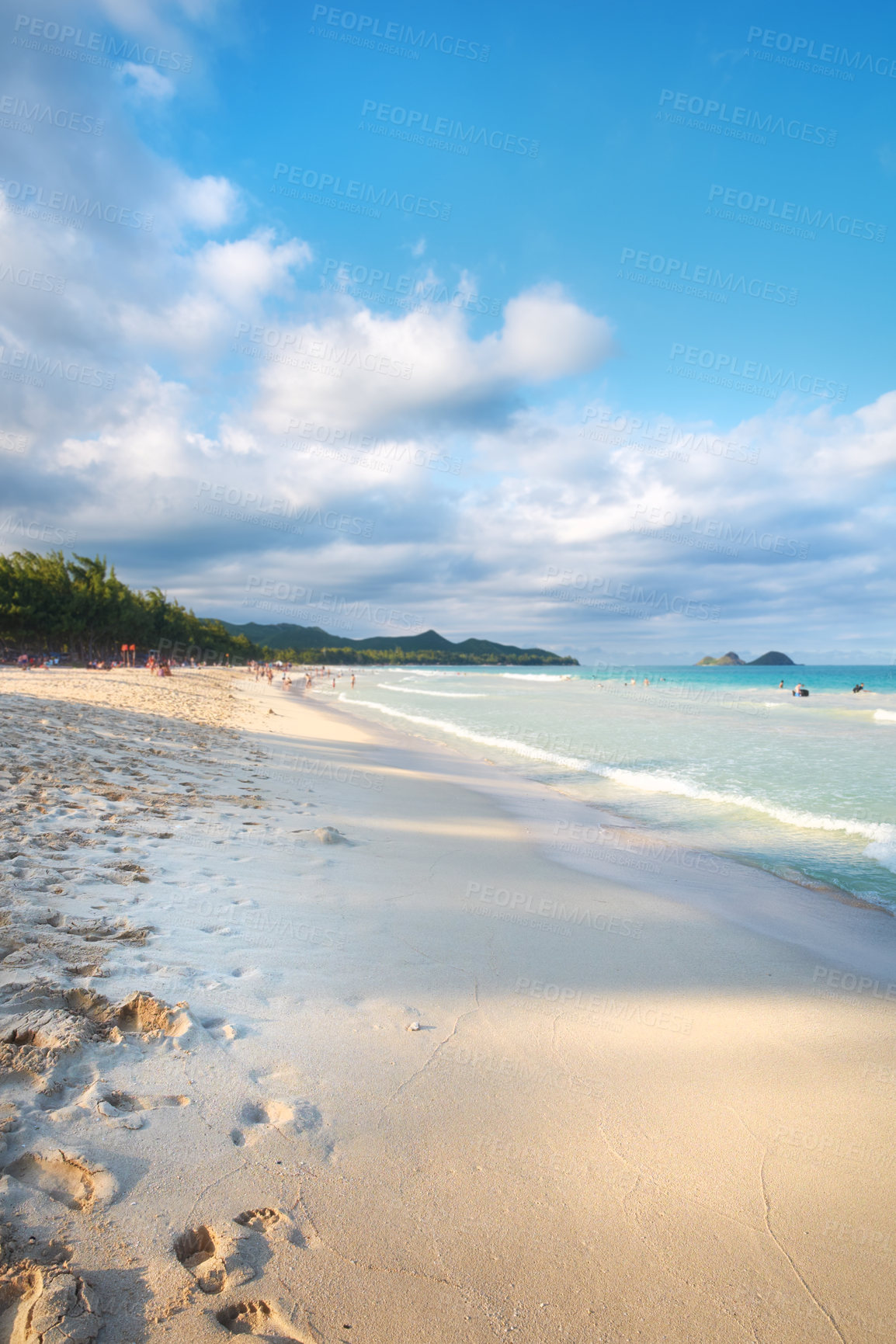 Buy stock photo Beach, holiday or island with sand, coast or paradise for vacation or natural environment to relax. Brazil, clouds or people swimming in water, sea and ocean in Rio de Janeiro for travel destination