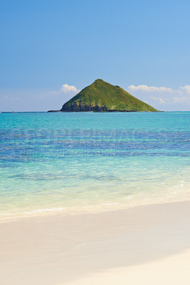 Buy stock photo Beach, coast or island with sand, paradise or blue sky for vacation or environment to relax. Brazil, horizon or nature view of calm water, sea and ocean in Rio de Janeiro with destination for travel