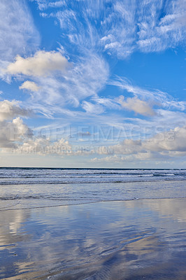 Buy stock photo Beach, shoreline or water with clouds, blue sky or paradise for vacation or environment to relax. Brazil, scenic or nature view of reflection, sea and ocean in Rio de Janeiro for travel destination