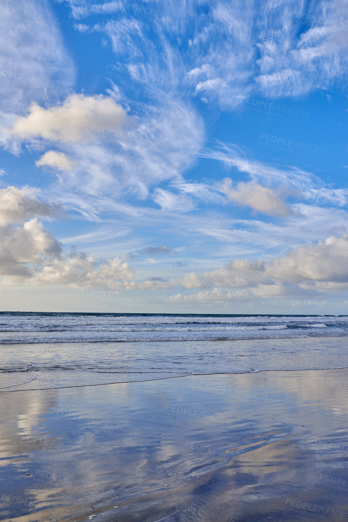 Buy stock photo Beach, shoreline or water with clouds, blue sky or paradise for vacation or environment to relax. Brazil, scenic or nature view of reflection, sea and ocean in Rio de Janeiro for travel destination