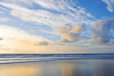 Buy stock photo Beach, coast and tourism with clouds, sky or paradise for vacation and environment. Brazil, outdoor nature or scenic view of island, seashore and ocean in Rio de Janeiro for travel destination