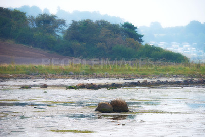 Buy stock photo Lake, water and tourism with rocks, blue sky or trees for vacation and environment to relax. Brazil, outdoor nature or scenic view of island, sea and beach in Rio de Janeiro for travel destination