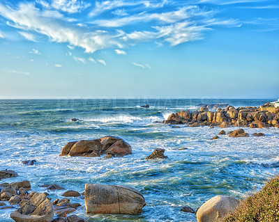 Buy stock photo Landscape, beach and sunshine with blue sky, rocks and clouds for tropical holiday, nature and travel. Sea, water and waves outdoor in summer ocean for luxury vacation, tourism and adventure in Ibiza