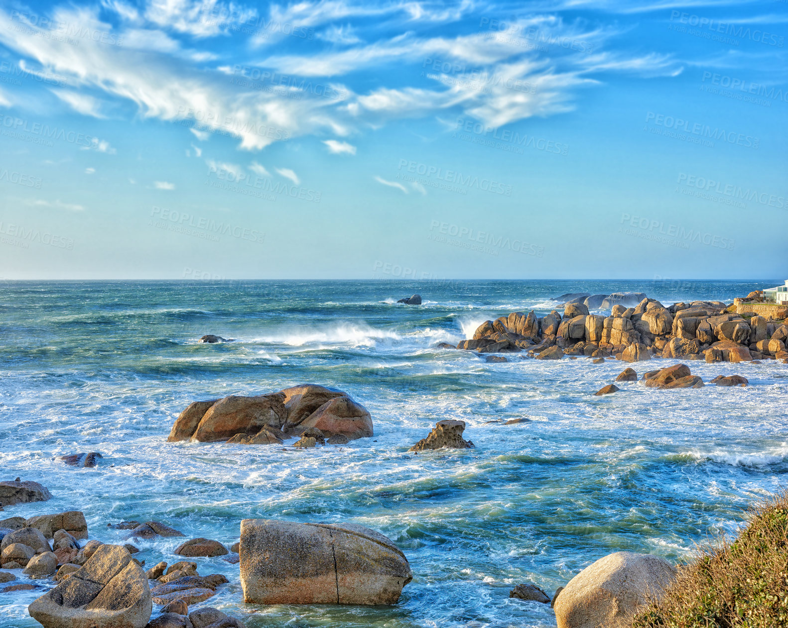 Buy stock photo Landscape, beach and sunshine with blue sky, rocks and clouds for tropical holiday, nature and travel. Sea, water and waves outdoor in summer ocean for luxury vacation, tourism and adventure in Ibiza