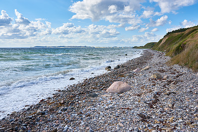 Buy stock photo Landscape, beach and shore with blue sky, rocks and clouds for tropical holiday, nature and travel. Sea, water and ocean outdoor in summer sunshine for vacation, tourism and adventure in Ibiza