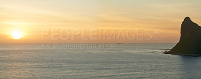 Buy stock photo Landscape, beach and sunset with horizon, rocks and clouds for tropical holiday, nature and travel. Sea, water and ocean outdoor in summer sunshine for luxury vacation, tourism and adventure in Ibiza