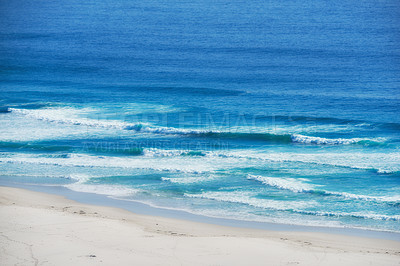 Buy stock photo Landscape, beach and coast with sand, waves and peace for tropical holiday, nature and travel. Sea, water and ocean outdoor in summer sunshine for luxury vacation, tourism and adventure in Ibiza