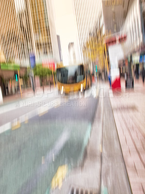 Buy stock photo Background, motion blur and traffic with bus in city for travel or public transport on asphalt street. Metro, transit and vehicle on road in urban town for adventure, trip or journey to location