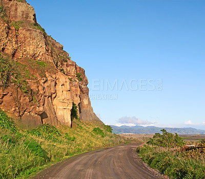 Buy stock photo Empty road, travel and mountains for peace in nature, route and weekend trip to countryside on holiday. Street, tourism and freedom destination on vacation, sky mockup and journey to  New Zealand