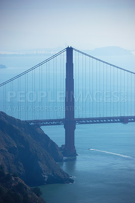 Buy stock photo Golden Gate Bridge in San Francisco, America at night. Landscape and scenic bay view of city infrastructure, architecture design. Morning travel, commuting on famous water highway bridge to the city