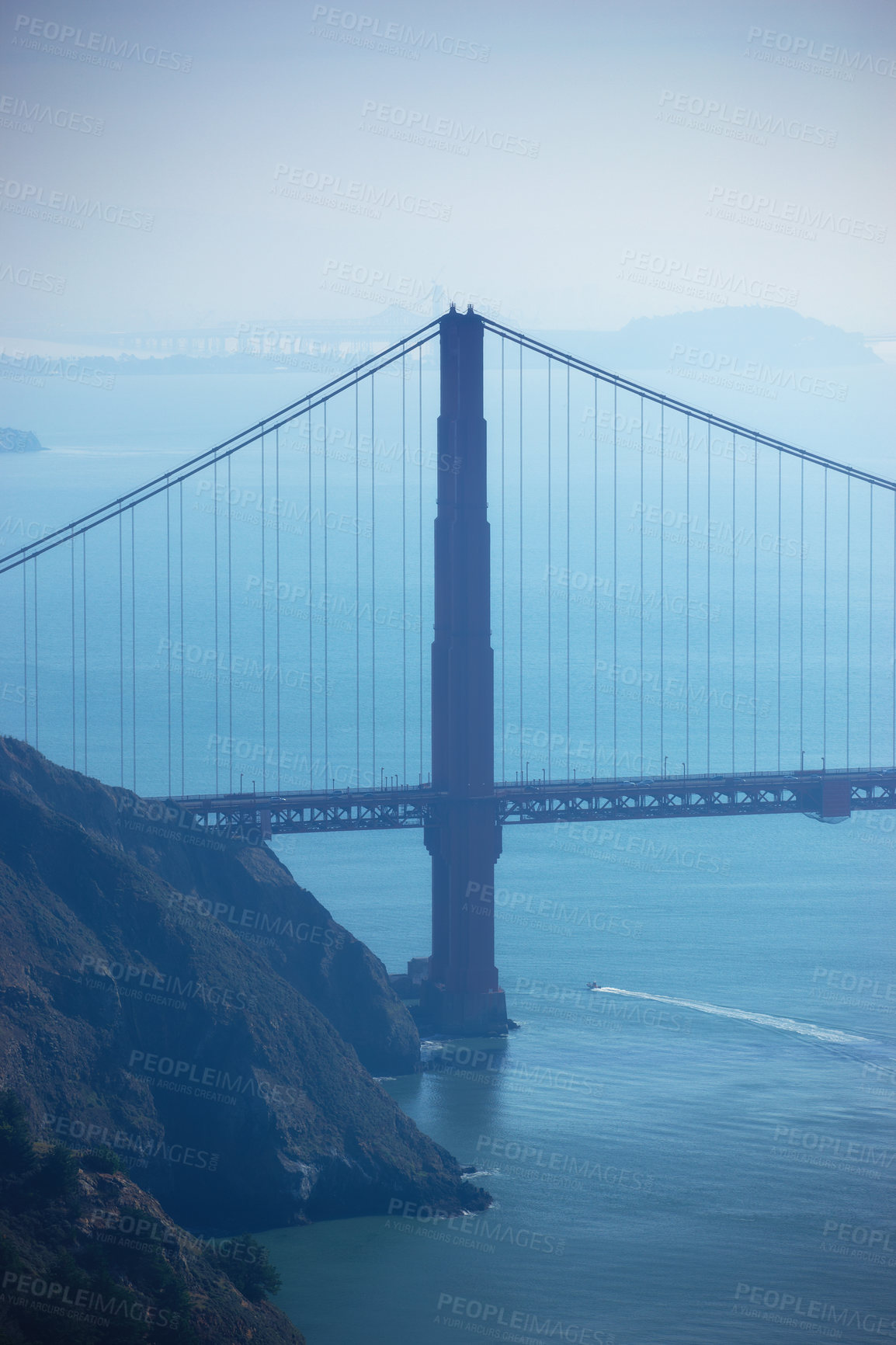 Buy stock photo Golden Gate Bridge in San Francisco, America at night. Landscape and scenic bay view of city infrastructure, architecture design. Morning travel, commuting on famous water highway bridge to the city