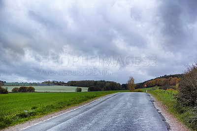 Buy stock photo Empty road, travel and journey to nature for freedom, route and weekend trip to countryside on holiday. Street, tourism and wallpaper destination on vacation, location and New Zealand for adventure