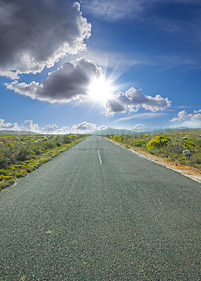 Buy stock photo Cloudy sky, countryside and road with nature for trip, drive and travel on holiday in Arizona. Outside, adventure and tourism with sustainability, camping and vacation to relax or chill for break