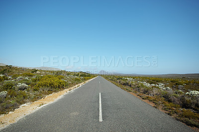 Buy stock photo Outdoor, rural and road with nature for trip, drive and travel on holiday in Kenya. Outside, adventure and tourism with sustainability, transportation and vacation with asphalt in mockup space