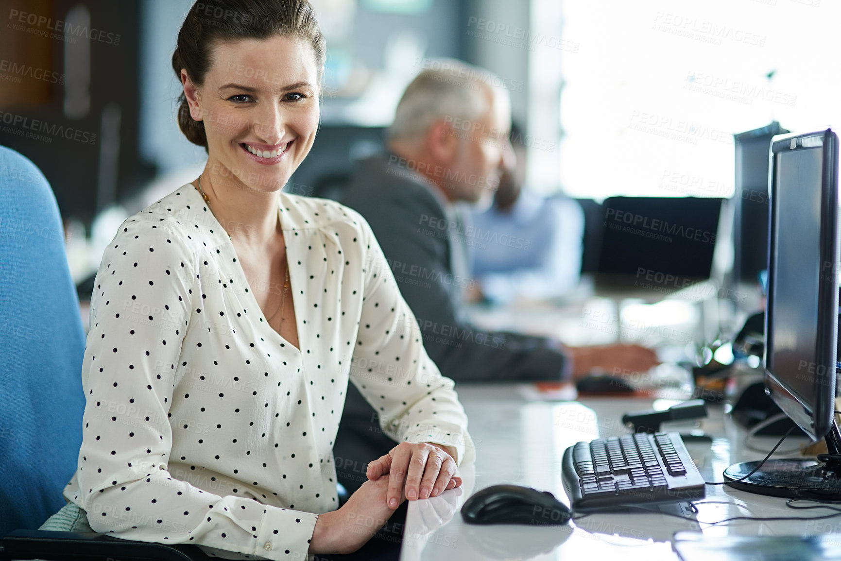 Buy stock photo Portrait, professional and computer with business woman in office for account manager, administration and online. Company report, email and review with person in agency for planning and research 