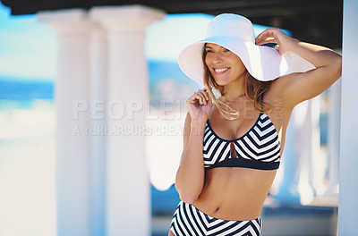 Buy stock photo Cropped shot of a young woman posing in her bikini