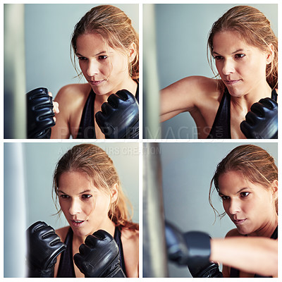 Buy stock photo Composite image of a female boxer working out with a punching bag