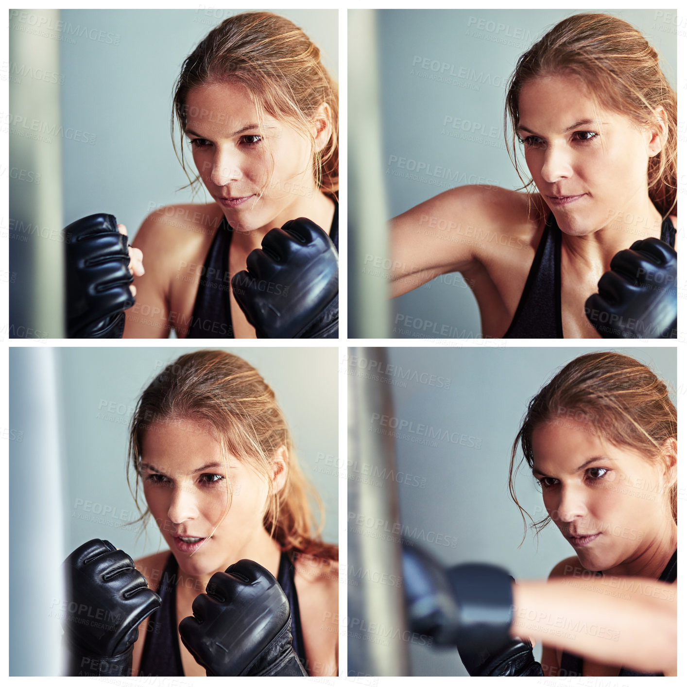Buy stock photo Composite image of a female boxer working out with a punching bag