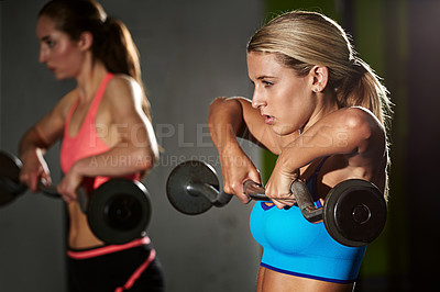 Buy stock photo Shot of two young women working out with weights at the gym