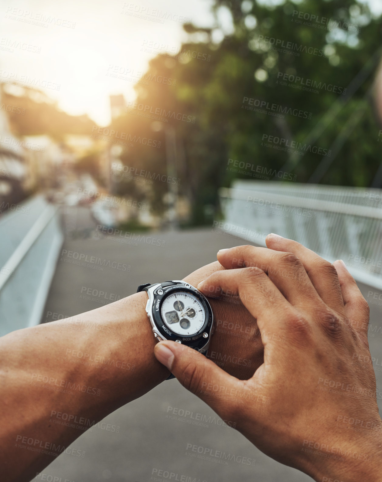 Buy stock photo Fitness man, hands and watch pov in city street for speed training, goals or checking performance time progress. Timer, workout and runner with morning cardio, exercise or marathon practice in a road