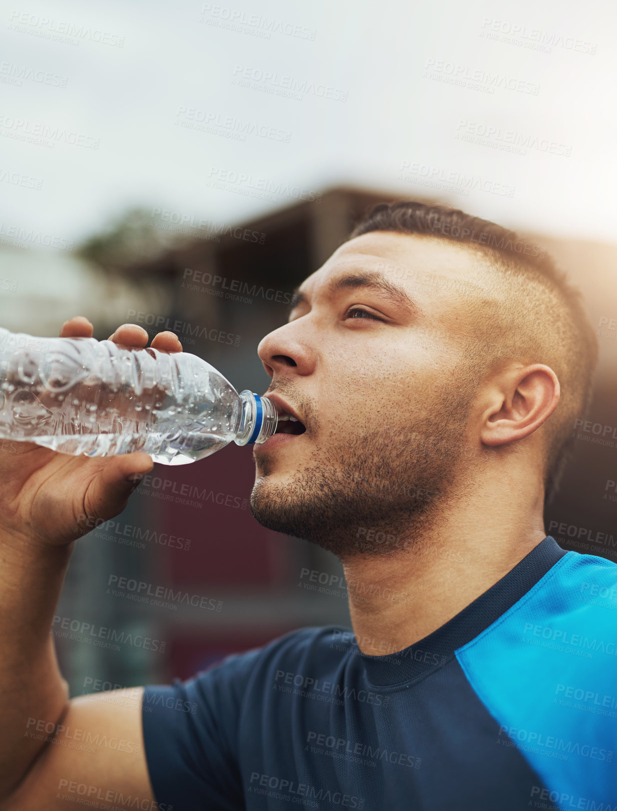 Buy stock photo Fitness, training and Mexican man drinking water in city for workout, wellness or cardio, running or performance outdoor. Sports, liquid or runner in Mexico with hydration, break or marathon recovery