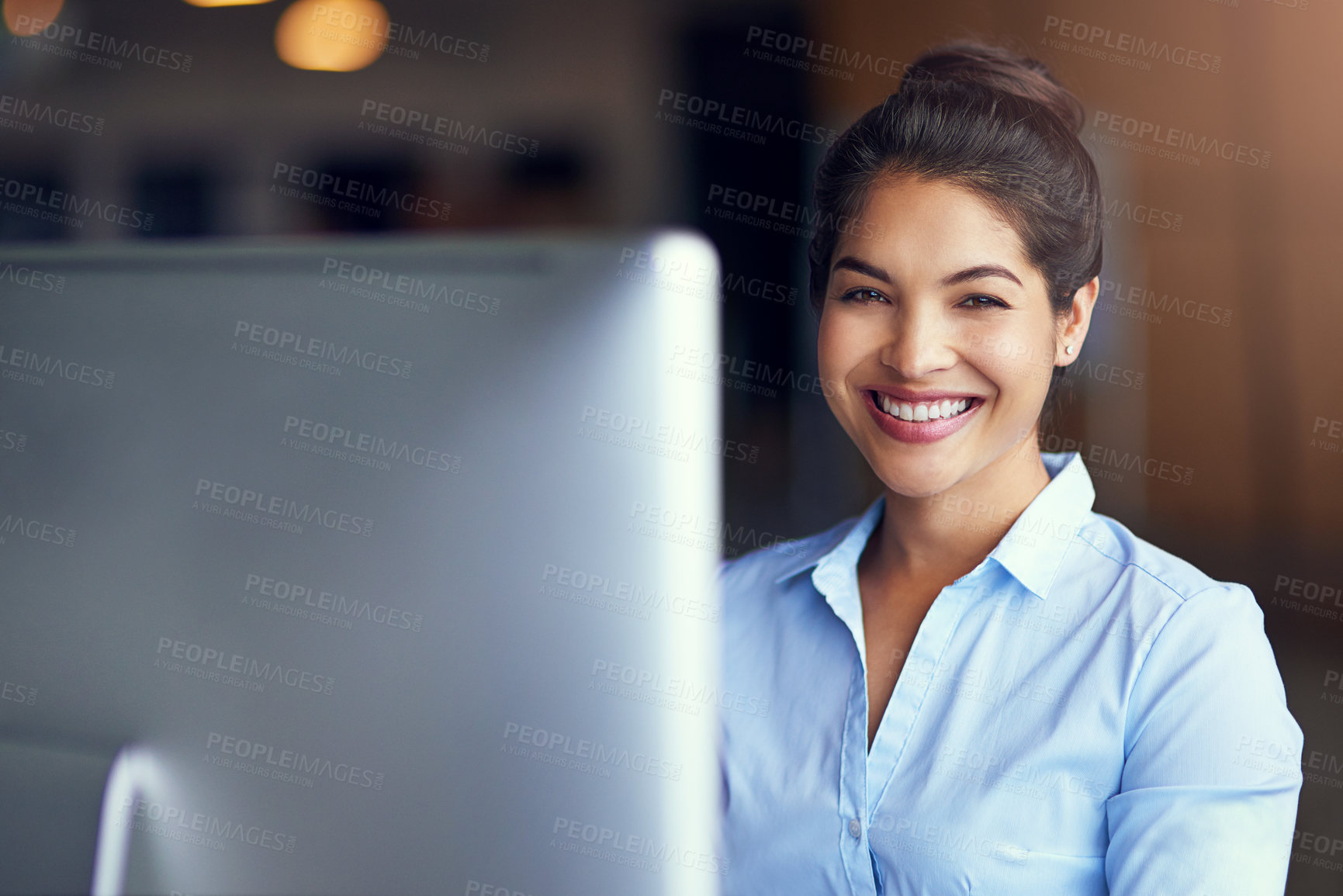 Buy stock photo Happy, portrait and woman with computer in office for corporate, career and company communication. Business, attorney and person with smile by monitor for legal case, feedback and online research