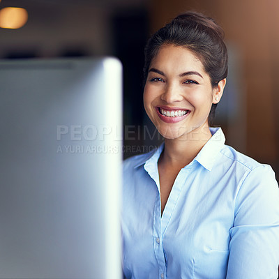 Buy stock photo Smile, monitor and portrait of woman in office for administration, policy review and pride in career. Female person, confident and happy with computer at workplace for professional, job and research