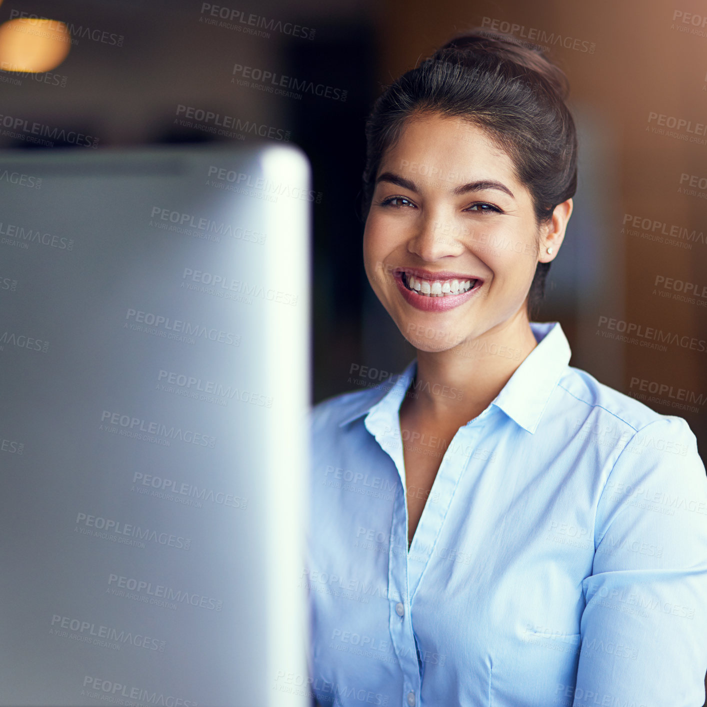 Buy stock photo Smile, monitor and portrait of woman in office for administration, policy review and pride in career. Female person, confident and happy with computer at workplace for professional, job and research