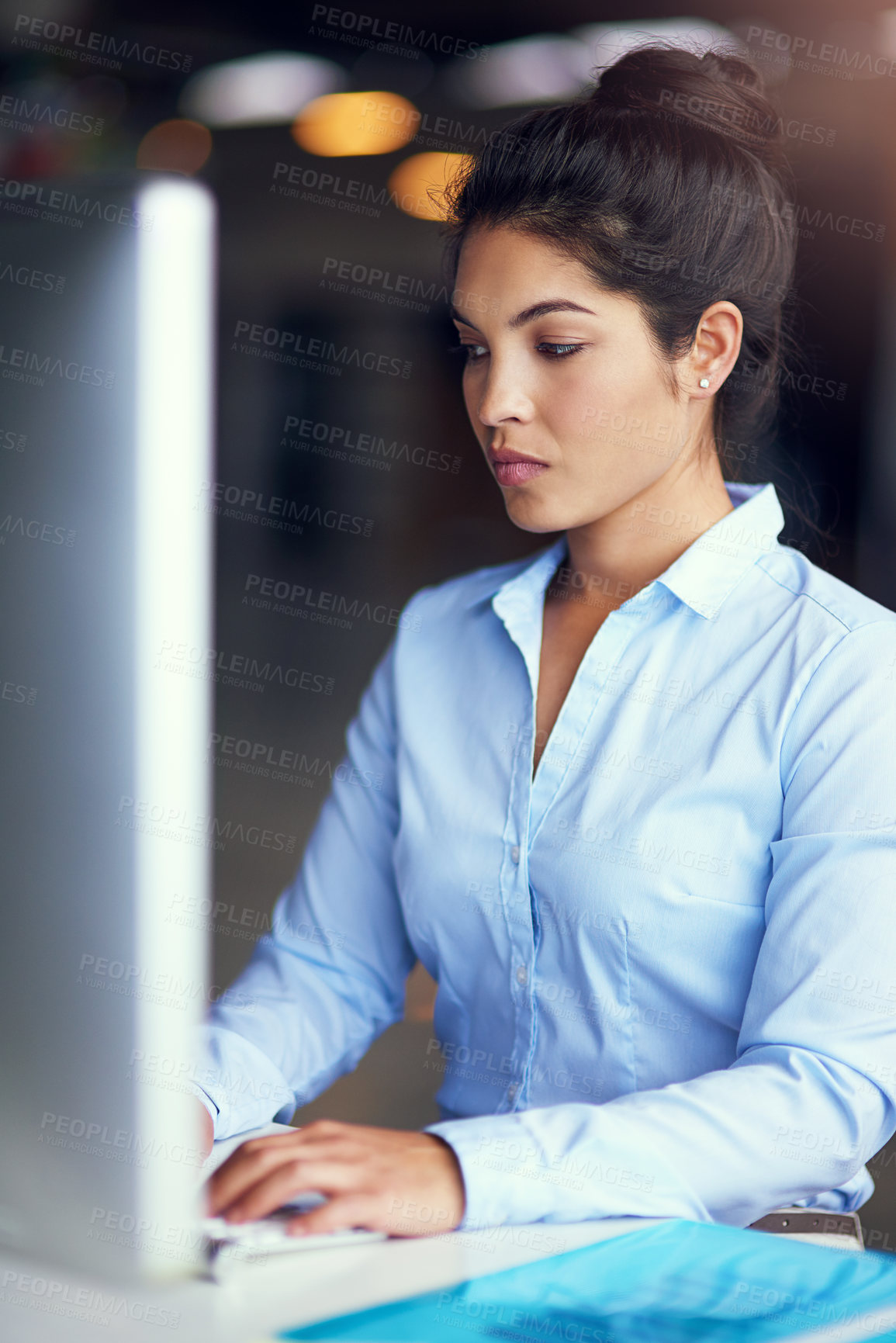 Buy stock photo Corporate, office and woman with computer at desk for company, planning and communication on email. Law firm, attorney and female person with monitor for legal case, research and update to client