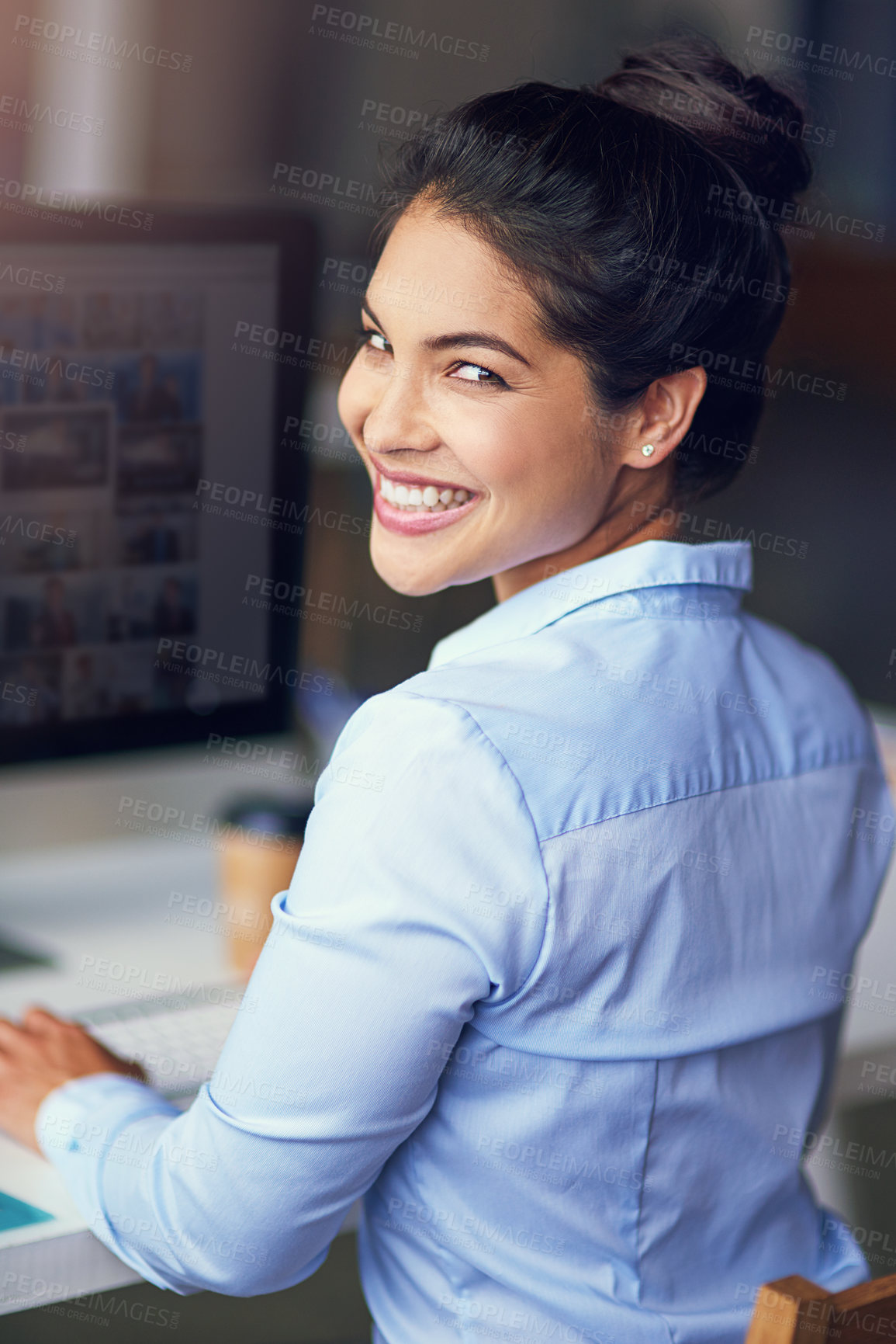 Buy stock photo Happy, typing and portrait of woman by computer in office for copywriting research with creative project. Smile, technology and female journalist from Indonesia by desk working online for report.