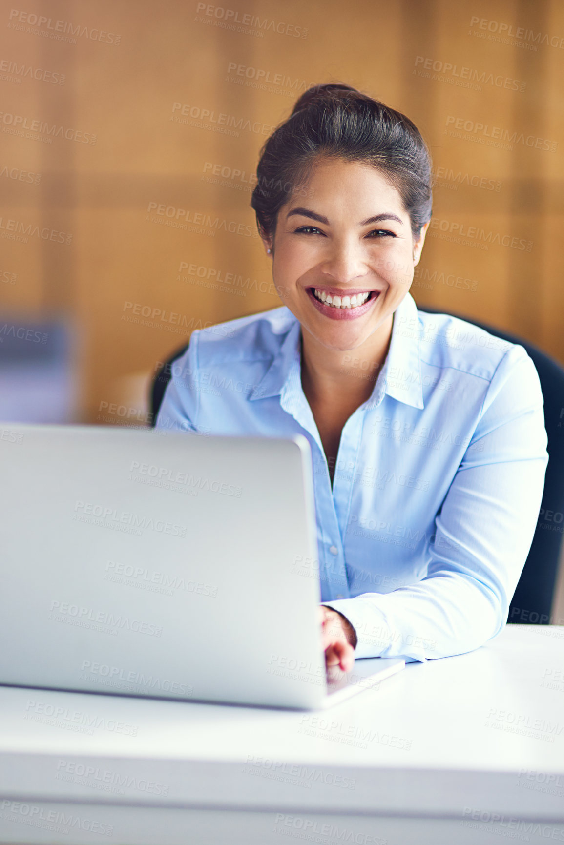 Buy stock photo Business, office and portrait of woman with laptop for company, planning and communication to client. Corporate, lawyer and female person with technology at desk for legal case, feedback and research