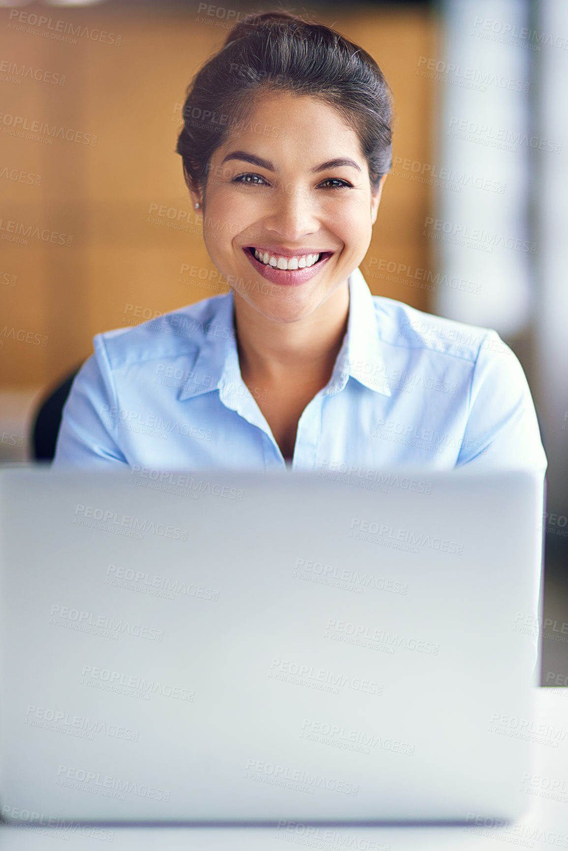 Buy stock photo Corporate, office and portrait of woman with laptop for company, feedback and communication to client. Business, attorney and person with technology at law firm for legal case, planning and research