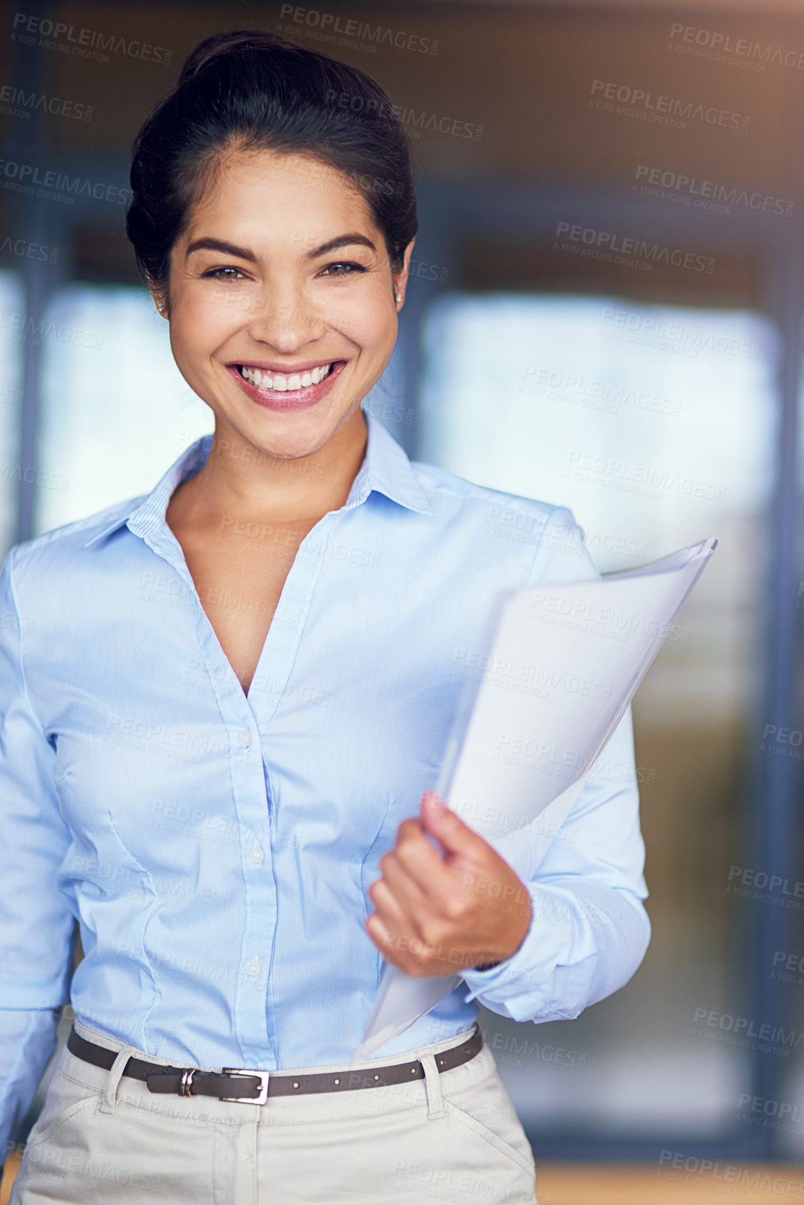 Buy stock photo Portrait, confident and business with woman, paperwork and smile with accountant, pride and career ambition. Face, professional or happy person with documents, corporate employee and economy analyst