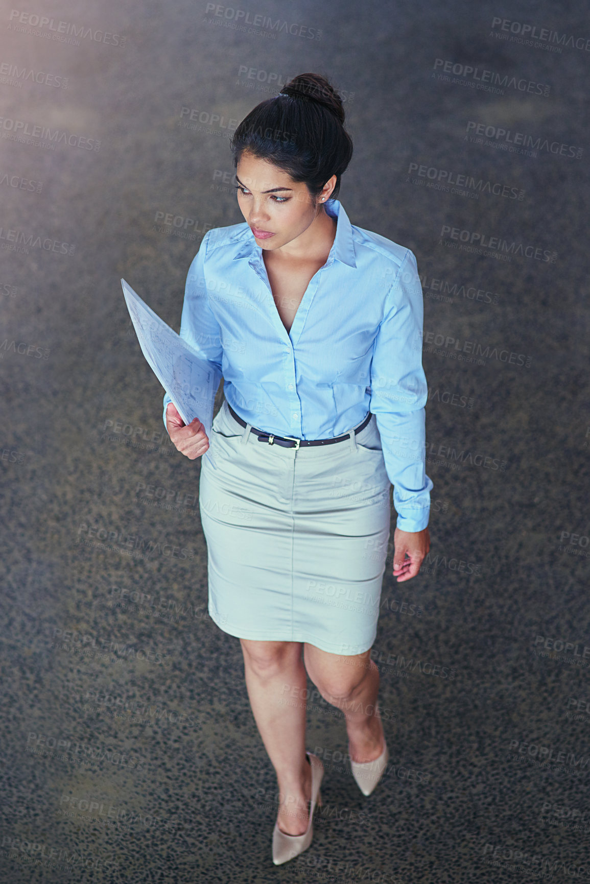 Buy stock photo Walking, confidence and woman with paperwork at office building entrance of legal consulting agency. Lawyer, business advisor or businesswoman with report, files or document at glass door of law firm