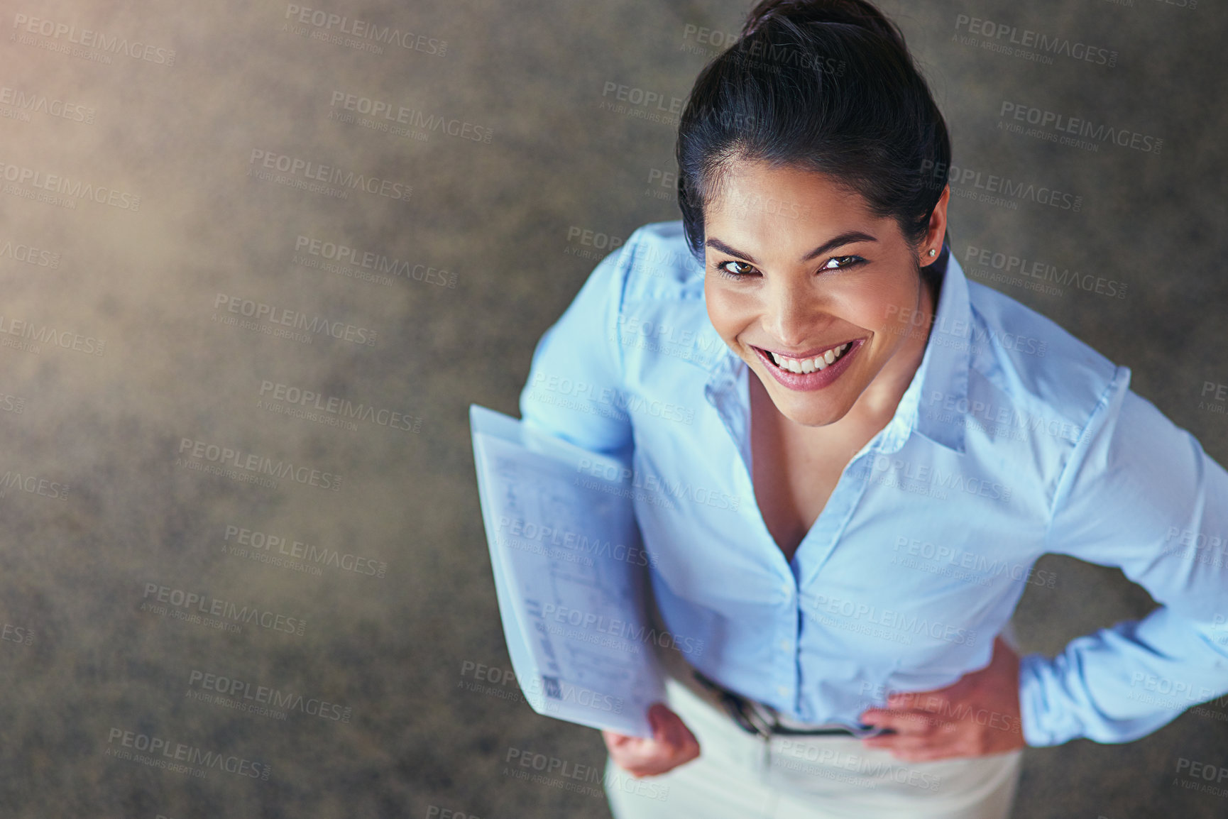 Buy stock photo Smile, office and woman with documents in portrait with report at legal consultancy from above. Lawyer, business advisor and happy businesswoman with files, folder and paperwork at law firm in mockup