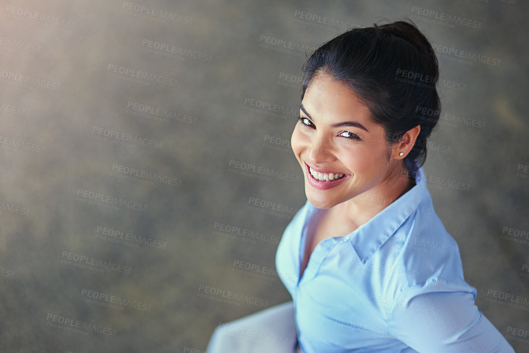 Buy stock photo Smile, office and portrait of businesswoman with confidence, paperwork and mockup at legal consultancy from above. Lawyer, business advisor and happy woman with files, documents or report at law firm