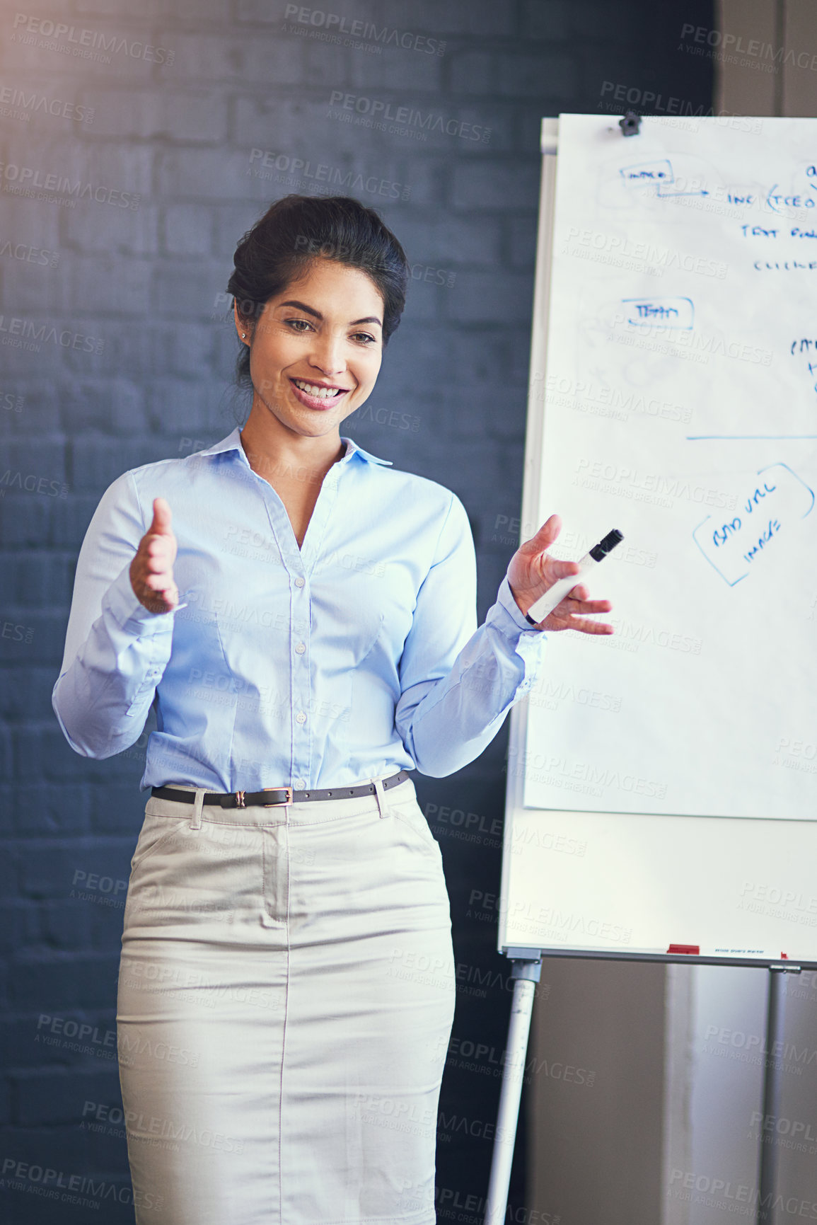 Buy stock photo Business woman, talking and whiteboard for presentation, planning and explaining with hand gesture. Office, female leader or speaker for training, mentoring and feedback with corporate meeting