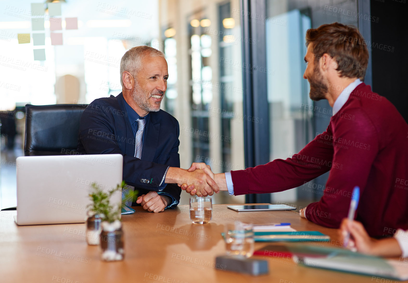 Buy stock photo Business people, boss or handshake in merger agreement for greeting, meeting or office partnership. CEO, smile and applicant with mature manager for B2B support, introduction and recruitment deal