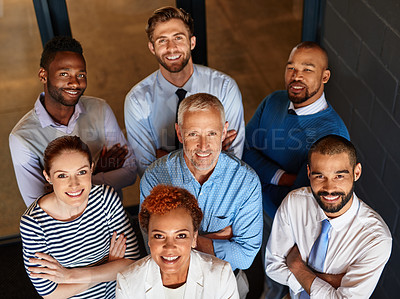 Buy stock photo High angle portrait of a diverse business team