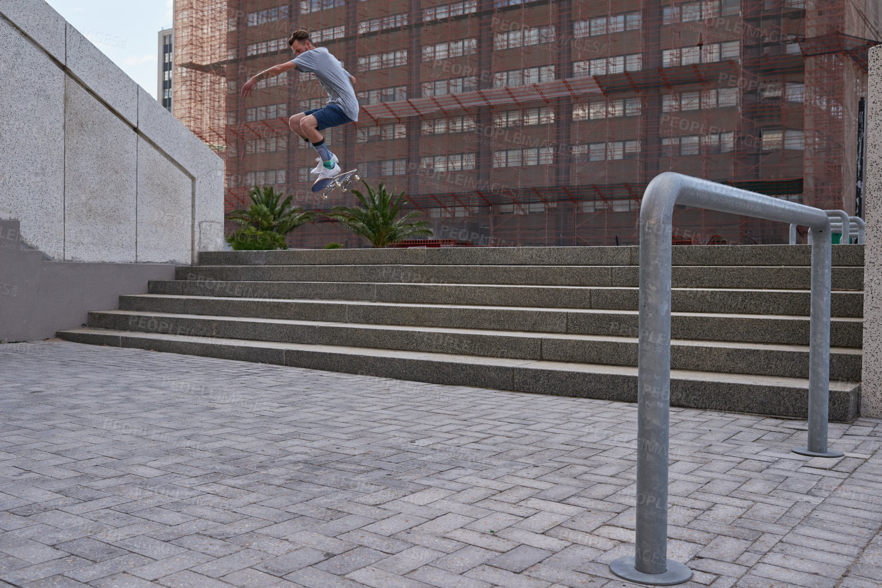 Buy stock photo City, jump and man with skateboard, stairs or skills for street skating, trick or stunt for game. Outdoor, skateboarder and person with energy for competition, performance or active for extreme sport