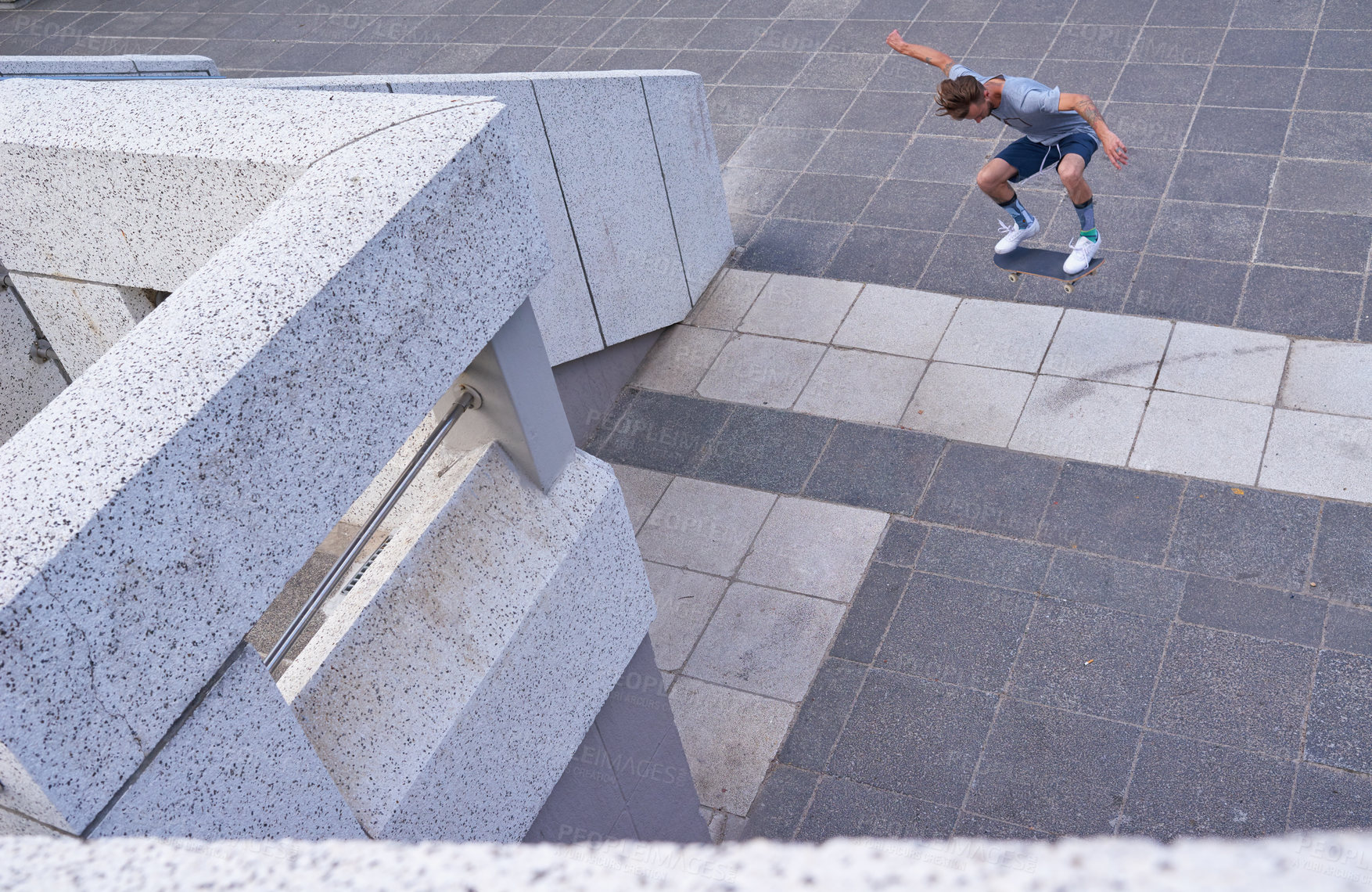 Buy stock photo City, jump and man with skateboard, game and skills for street skating, trick or stunt for performance. Outdoor, skateboarder and person with energy for competition, top view or extreme sport for guy