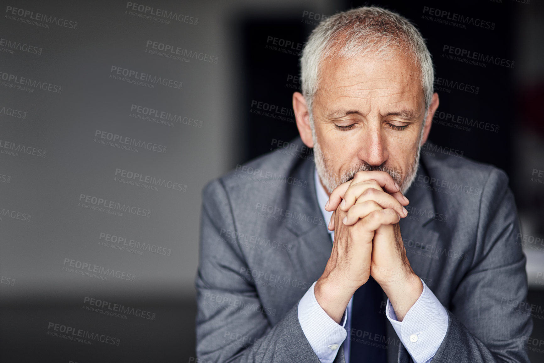 Buy stock photo Mature businessman, thinking or serious in office for brainstorming ideas, company growth and focus. Senior person, male ceo and pensive thoughts for future, problem solving and strategy inspiration