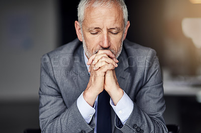 Buy stock photo Hope, praying hands and mature man in office with calm mindset, thinking and problem solving for growth. Brainstorming, ideas and businessman with faith, opportunity and gratitude in risk management