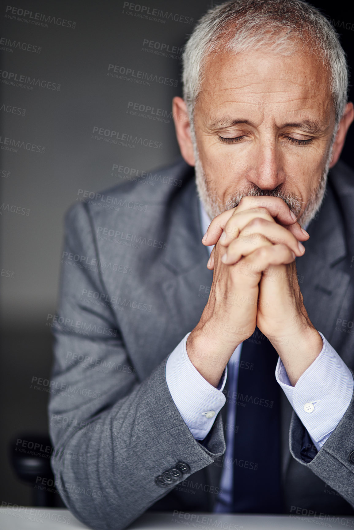 Buy stock photo Thinking, prayer and mature man in office with calm mindset, hope and problem solving for business growth. Brainstorming, ideas and businessman with faith, opportunity or gratitude in risk management