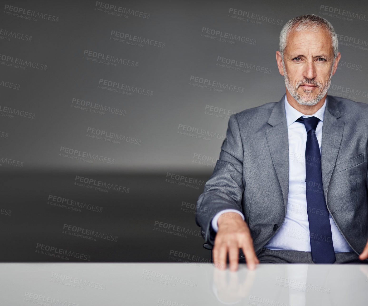 Buy stock photo Senior businessman, portrait or serious with mockup with lawyer in office, confidence or professional. Mature, male person, ceo and desk for corporate executive or career pride, table or employee